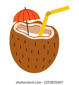 Vector coconut with straw and umbrella in flat design. Exotic coconut cocktail. Summer drink in coconut.