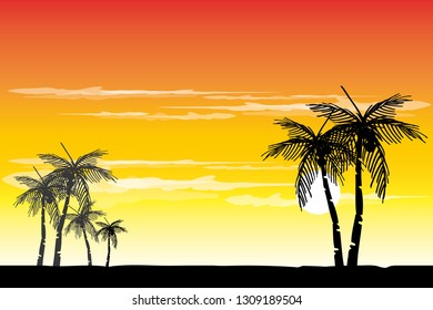 vector coconut tree on sunset background
