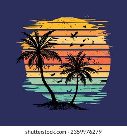 Árbol de coco vectorial con ilustración vintage de puesta de sol