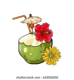 Vector coconut with tubule, umbrella and flowers. Cartoon style. Isolated on white background. Drink decorated with red hibiscus flower. Hand drawn coconut drink, cocktail. summer vacation attribute.