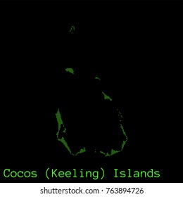 Vector Cocos (Keeling) Islands map dotted silhouette with green dots on a black background (as on old ancient computers running DOS)