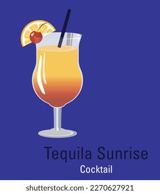 Vector coctail tequila sunrise with orange and cherry. Summer alcoholic cocktail