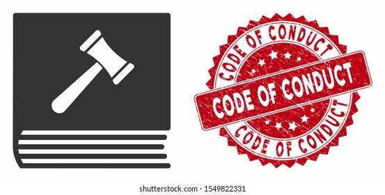 Vector Code Of Conduct Icon And Distressed Round Stamp Seal With Code Of Conduct Phrase. Flat Code Of Conduct Icon Is Isolated On A White Background.