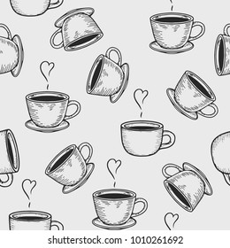 Vector coffe cup or tea cup engraving seamless pattern on light background. Vintage hand drawn bages set. Illustration for menu, ads
