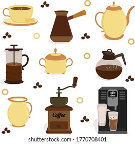 Vector coffe icon set in flat style. Vector illustration for coffee shop, market, cafe design, restaurant menu and recipes.