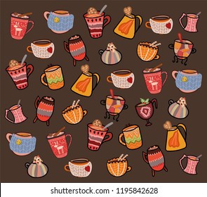 Vector coffe or tea colorfull cups on brown background. Template for holiday menu, fabric and wrapping paper.