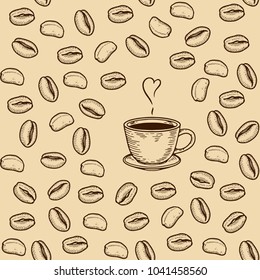 Vector coffe or tea cup with coffee bean engraving seamless pattern on beige background. Vintage hand drawn bages set. Illustration for menu, ads