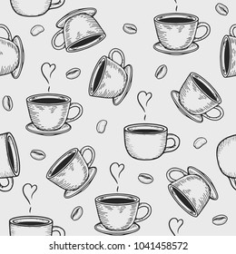 Vector coffe or tea cups with coffee bean engraving seamless pattern on white background. Vintage hand drawn bages set. Illustration for menu, ads