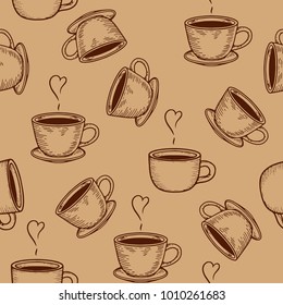 Vector coffe or tea cups engraving seamless pattern on beige background. Vintage hand drawn bages set. Illustration for menu, ads
