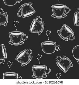 Vector coffe or tea cups engraving seamless pattern on black background. Vintage hand drawn bages set. Illustration for menu, ads