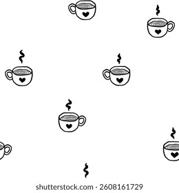 Vector coffe or tea cups with heart shape seamless pattern on white background. Vintage hand drawn, Illustration for menu or printing
