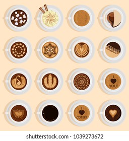 Vector coffe top view realistic drink different coffee recipe like cappuccino, chocolate, latte on cup blackboard. Coffee cups for menu assortment top side collection aromatic beverage