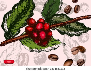 Vector coffee ads with beans in 3d illustration with ingredient plants and field scenery in etching shading style. Aroma drink. Decorative retro design, print, card, banner. Vintage coffee frame. 