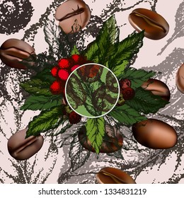 Vector coffee ads with beans in 3d illustration with ingredient plants and field scenery in etching shading style. Aroma drink. Decorative retro design, print, card, banner. Vintage coffee frame. 