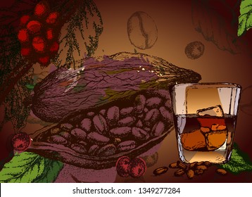 Vector coffee ads with beans in 3d illustration with ingredient plants and field scenery in etching shading style . Hand drawn Glass of whiskey with ice.  Cocoa beans.  Decorative retro design, print