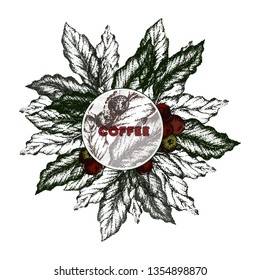 Vector coffee ads with beans in 3d illustration with ingredient plants and field scenery in etching shading style. Aroma drink. Decorative retro design, print, card, banner. Vintage coffee frame. 