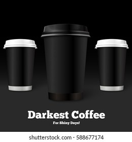 Vector Coffee advertisement template - black coffee cups on black background.