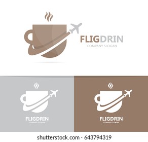 Vector of coffee and airplane logo combination. Drink and travel symbol or icon. Unique cup and flight logotype design template.