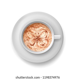 Vector coffee art. A cup of cappuccino with different patterns. Top view on a Cup of coffee