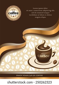 Vektorkaffee-Hintergrund mit glänzenden Wavy-Linien und Kaffee-Cup.