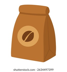 Vector coffee bag with bean symbol, flat cartoon illustration for cozy food and drink projects.