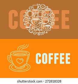 Vector coffee banners with illustration and icons in trendy linear style 