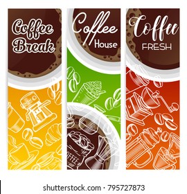 Vector coffee banners with sketch cups, French press, brewer for menu cafe.