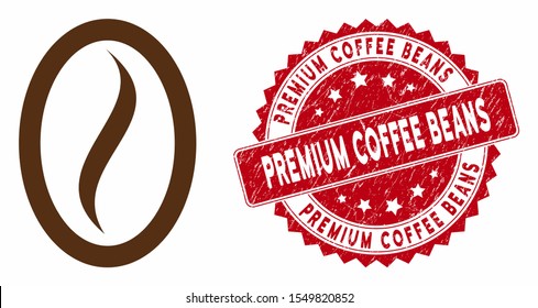 Vector coffee bean icon and grunge round stamp seal with Premium Coffee Beans caption. Flat coffee bean icon is isolated on a white background.