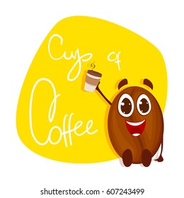 Vector coffee bean on yellow background. Coffee hot cup.