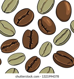 Vector  coffee bean roasted and green seamless pattern. White background. Hand drawn coffee seed.
