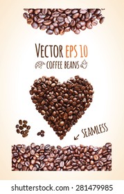 Vector coffee beans background collection with place for your text. Heart from coffee beans isolated on a white background