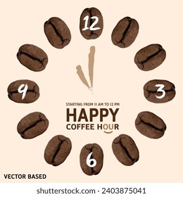 Vector coffee beans clock. 11 am clock illustration using coffee beans. Morning coffee. Coffee corner.