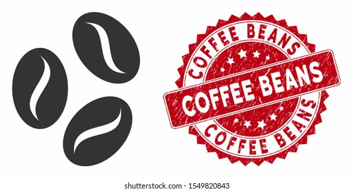 Vector coffee beans icon and distressed round stamp seal with Coffee Beans text. Flat coffee beans icon is isolated on a white background. Coffee Beans stamp seal uses red color and dirty design.