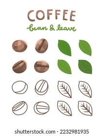 vector coffee beans and leaves color and line art