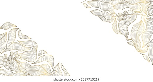 Vector coffee and beans line pattern, gold leaves plant texture. Luxury corner frame organic graphic, tree illustration