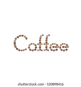 Vector coffee beans placed in the shape of word Coffee on a white surface.