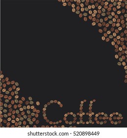 Vector coffee beans placed in the shape of word Coffee on a black surface.