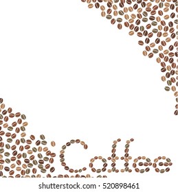 Vector coffee beans placed in the shape of word Coffee on a white surface.