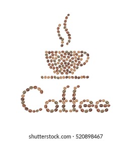 Vector coffee beans placed in the shape of a cup, saucer and word Coffee on a white surface.