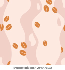 Vector Coffee Beans with Wavy Loose Stripes in Pink and Orange seamless pattern background. Perfect for fabric, scrapbooking and wallpaper projects.