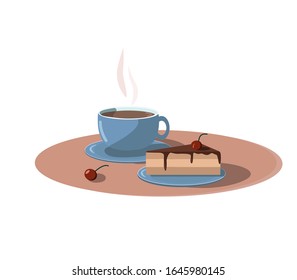 vector coffee in a blue mug, cake with cherries
