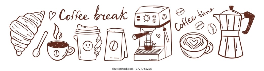 Vector coffee break doodle hand drawn set with croissant, steaming cup, takeaway coffee, coffee bean bag, espresso machine, and moka pot. Cafe banner and social media design.