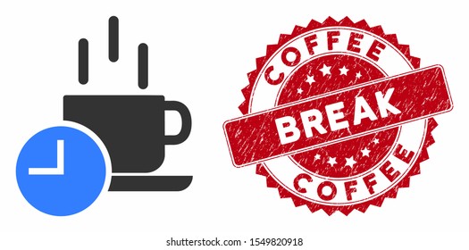 Vector coffee break icon and rubber round stamp seal with Coffee Break phrase. Flat coffee break icon is isolated on a white background. Coffee Break stamp seal uses red color and grunged surface.