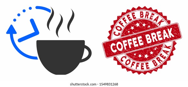 Vector coffee break icon and rubber round stamp seal with Coffee Break text. Flat coffee break icon is isolated on a white background. Coffee Break stamp seal uses red color and scratched texture.