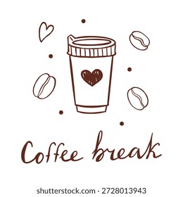 Ilustración de pausa de café de Vector con taza de comida para llevar doodle con corazón, grano de café, corazón y Elementos de confeti sobre fondo blanco. Diseño de cafetería acogedor para menú, póster, pegatina y redes sociales.
