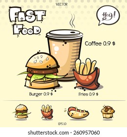 vector. coffee + burger and fries. fast food icons set for your design.