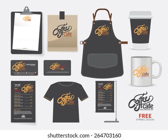 Vector coffee cafe restaurant set, T-Shirt, menu, namecard and free symbol design.