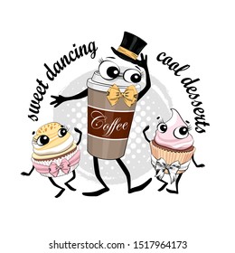 Vector coffee and cakes. Comic and funny desserts. Hand drawn illustration of cartoon coffee and sweets. Print on T-shirts, bags and other fashion products. 