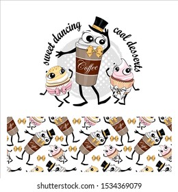 Vector coffee and cakes. Comic and funny desserts. Hand drawn illustration of cartoon coffee and sweets. Print on T-shirts, bags and other fashion products. 