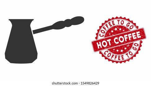 Vector coffee cezve icon and rubber round stamp seal with Coffee to Go Hot Coffee phrase. Flat coffee cezve icon is isolated on a white background.